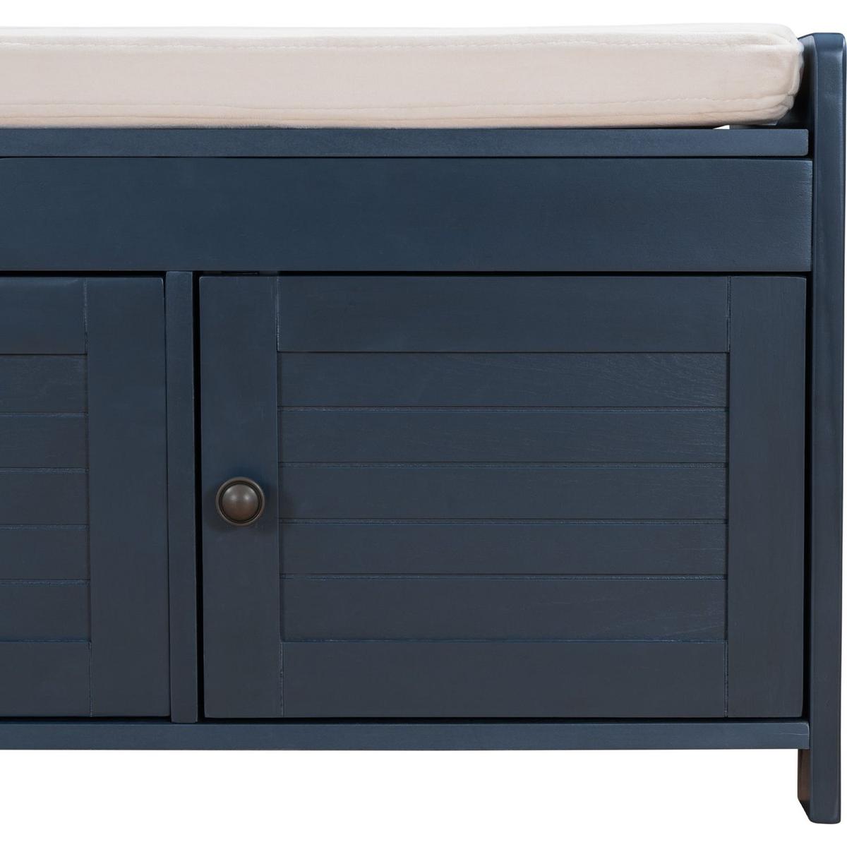 Storage Bench with 3 Shutter-shaped Doors, Shoe Bench with Removable Cushion and Hidden Storage Space (Antique Navy