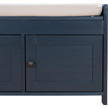 Storage Bench with 3 Shutter-shaped Doors, Shoe Bench with Removable Cushion and Hidden Storage Space (Antique Navy