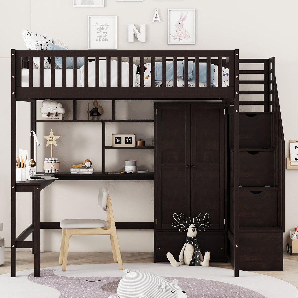 Full size Loft Bed with Bookshelf,Drawers,Desk,and Wardrobe-Espresso