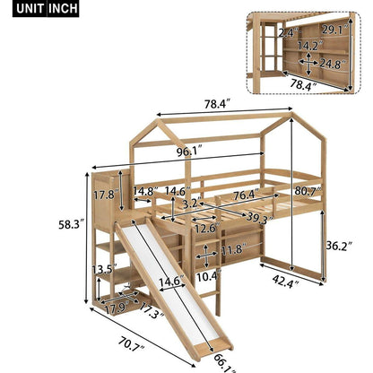 Twin Size Wood House Loft bed with Slide, Storage shelves and Light, Climbing Ramp, Wood Color