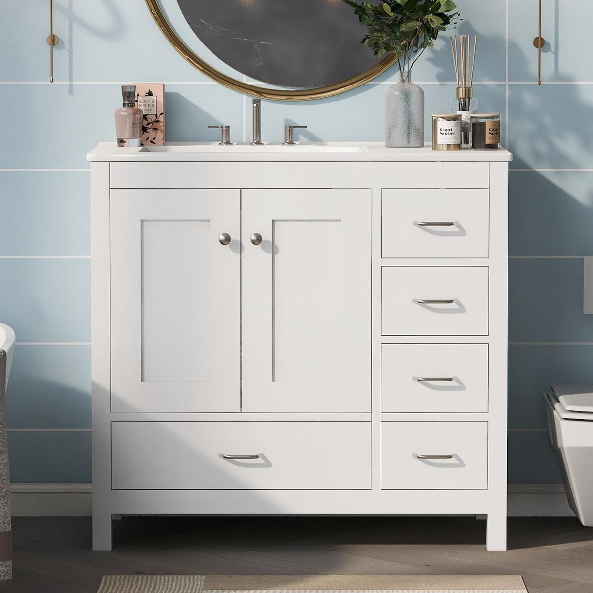 36" White Bathroom Vanity with Ceramic Sink Combo, Abundant Storage Cabinet -2 Soft-close doors and 5 drawers