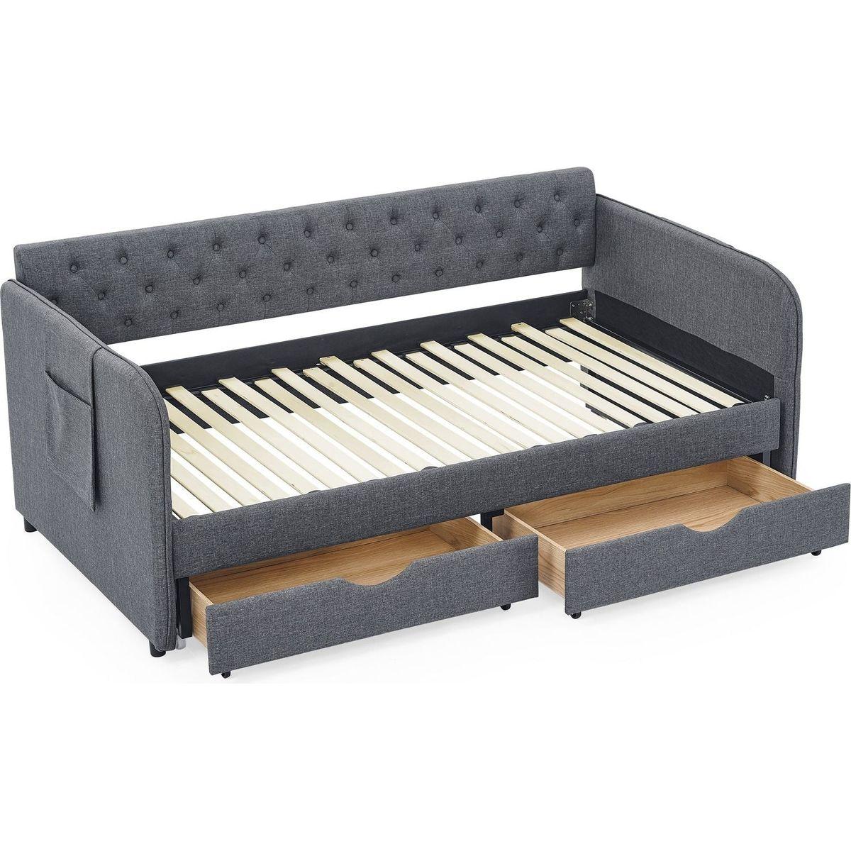 Twin Size Upholstery Daybed with Trundle Bed and Two Storage Drawers, Flat Arms with Pocket, Extendable Daybed for Bedroom Living Room,Linen Dark Gray