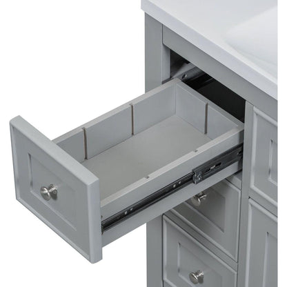 36" Bathroom Vanity with Sink Combo, One Cabinet and Six Drawers, Solid Wood and MDF Board, Grey