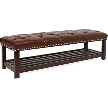 Bedroom End of Bed Bench Tufted Upholstered End of Bed Bench End of Bed Entrance Shoe Bench, 60" with Nailhead Trim and Shelf Bedroom Upholstered Leather Bench Living Room Shoe Rack Footstool (brown)