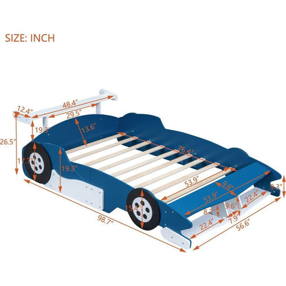 Full Size Race Car-Shaped Platform Bed with Wheels,Blue