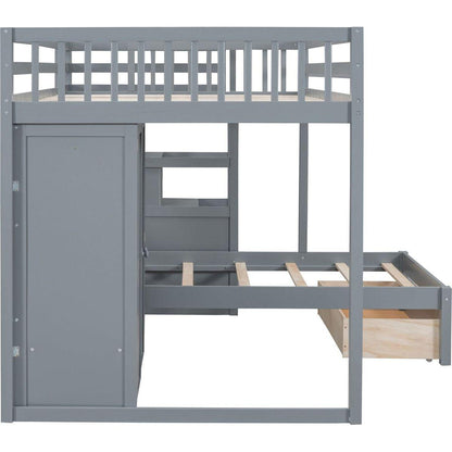 Full Over Twin Bunk Bed with Wardrobe, Drawers, Gray