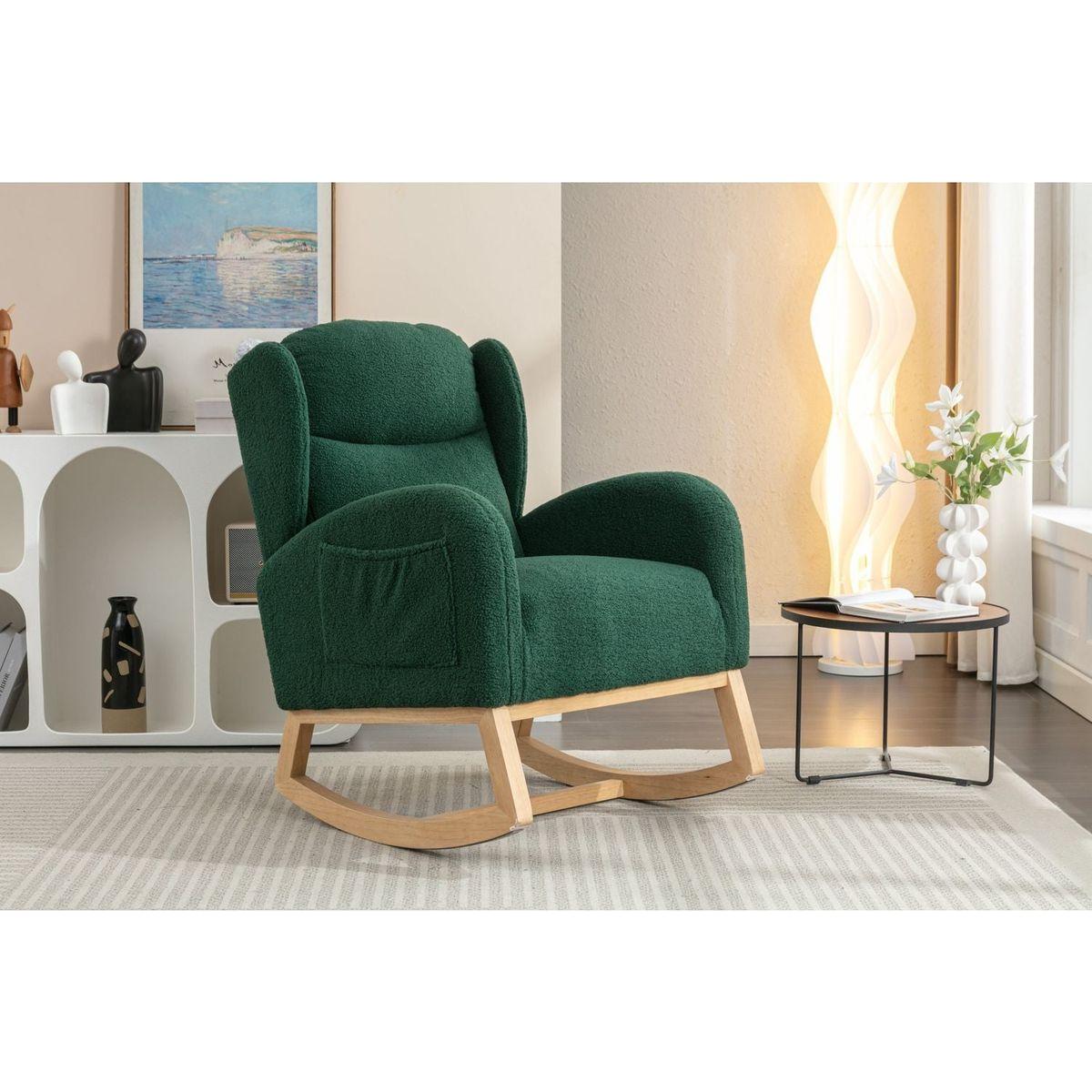 Teddy Fabric Rocking Chair With Packet Wood Legs,Green