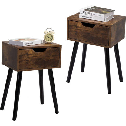 Set of 2 Mid Century Wood Side Table, End Table with 1 Storage Drawer, Nightstand for Bedroom Living Room, Rustic Brown and Black