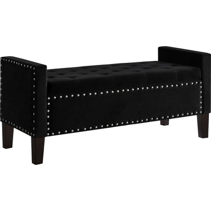 Upholstered Tufted Button Storage Bench with nails trim,Entryway Living Room Soft Padded Seat with Armrest,Bed Bench-Black