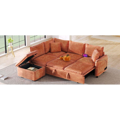 82.67"Convertible Sofa Bed Sectional Sofa Sleeper L-shaped Sofa with a Storage Ottoman,Two Pillows, Two Power Sockets and Two USB Ports for Living Room, Orange