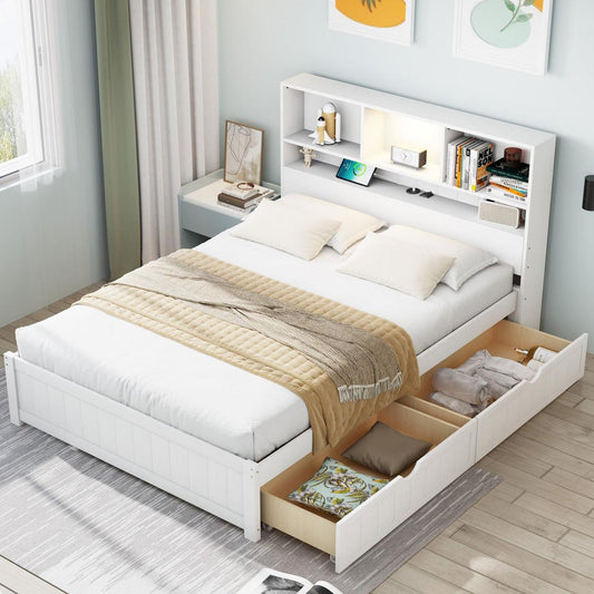 Full Size Wood Platform Bed with Bookcase Headboard, Built-in Downlight, Charging Station, and 2 Side Drawers, White