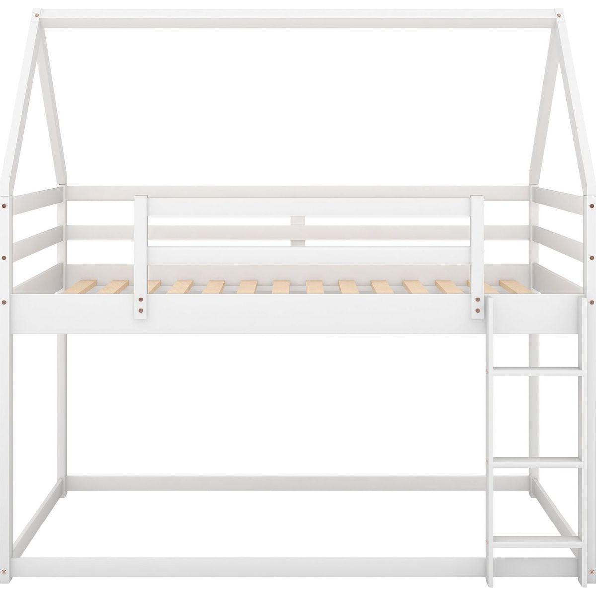 Twin over Twin Low Bunk Bed, House Bed with Ladder, White