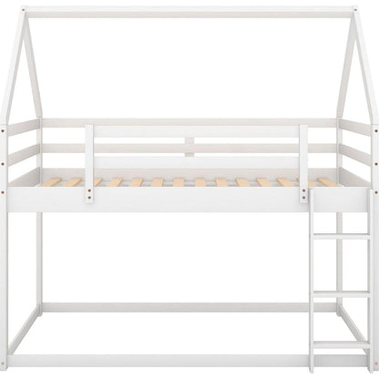 Twin over Twin Low Bunk Bed, House Bed with Ladder, White