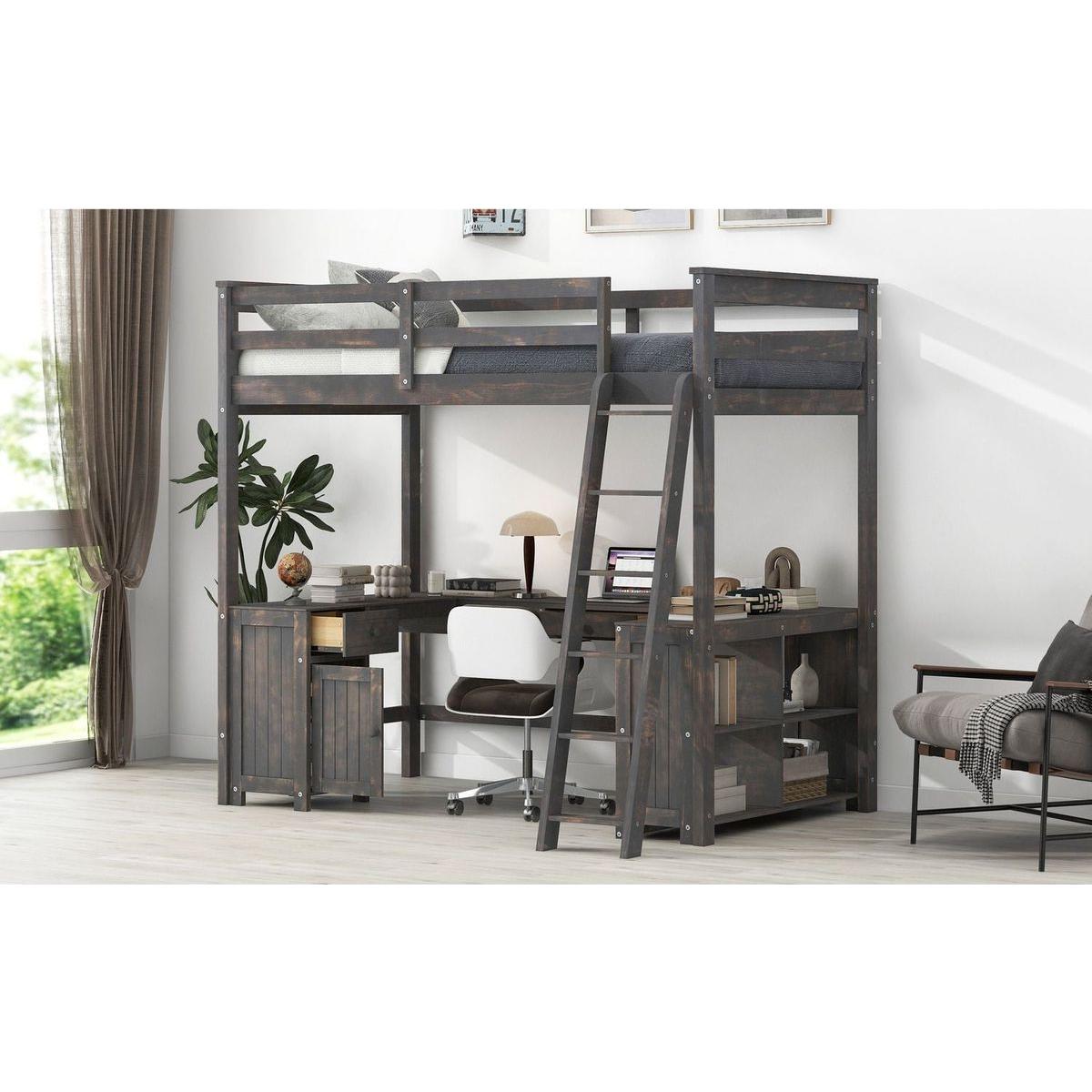 Full Size Loft Bed with U-shaped Desk, Drawers and Storage Shelves, Antique Brown