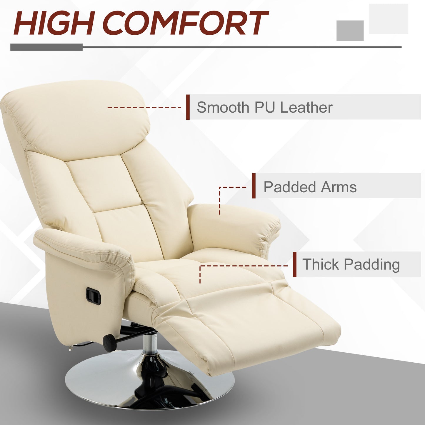 Manual Recliner Chair for Adults, Adjustable Swivel Recliner with Footrest, Padded Arms, PU Leather Upholstery and Steel Base for Living Room, Cream White