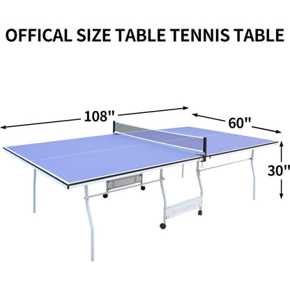 9ft Mid-Size Table Tennis Table Foldable & Portable Ping Pong Table Set for Indoor & Outdoor Games with Net, 2 Table Tennis Paddles and 3 Balls
