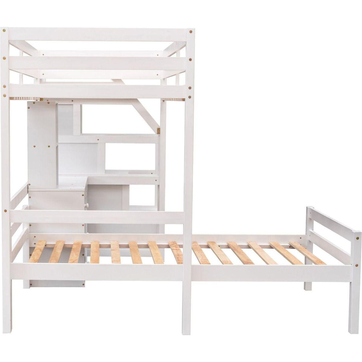 Twin Size Loft Bed with a Stand-alone Bed, Storage Staircase, Desk, Shelves and Drawers, White