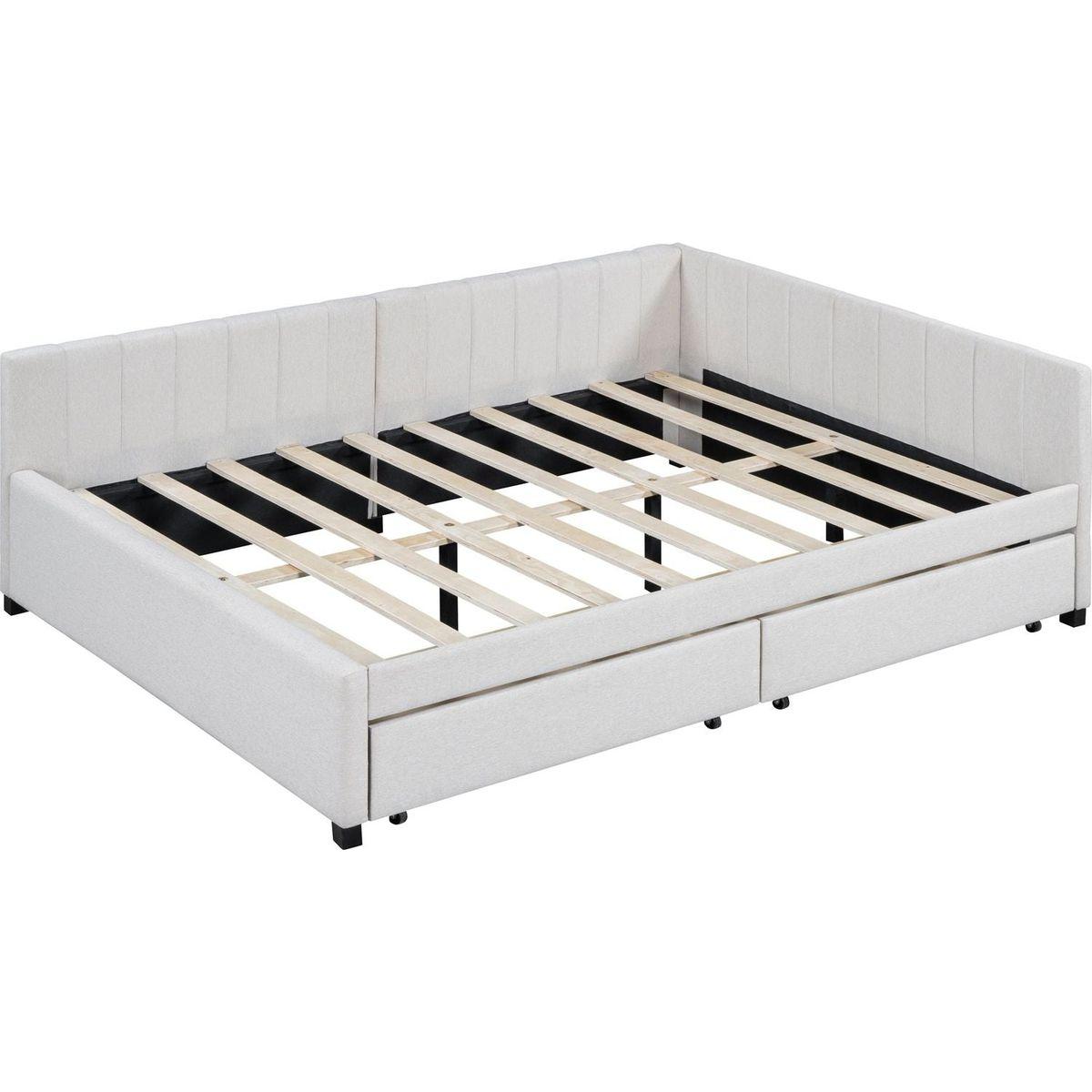 Full Size Upholstered Daybed with 2 Storage Drawers Sofa Bed Frame No Box Spring Needed, Linen Fabric (Beige)