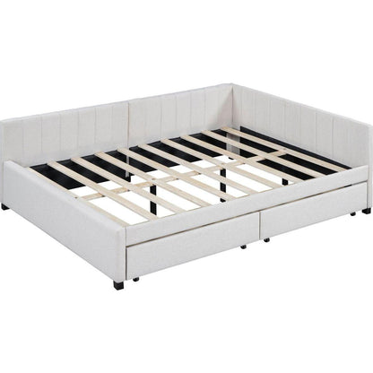 Full Size Upholstered Daybed with 2 Storage Drawers Sofa Bed Frame No Box Spring Needed, Linen Fabric (Beige)