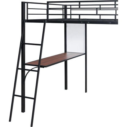 Full Size Loft Metal Bed with 3 Layers of Shelves and Desk, Stylish Metal Frame Bed with Whiteboard, Black