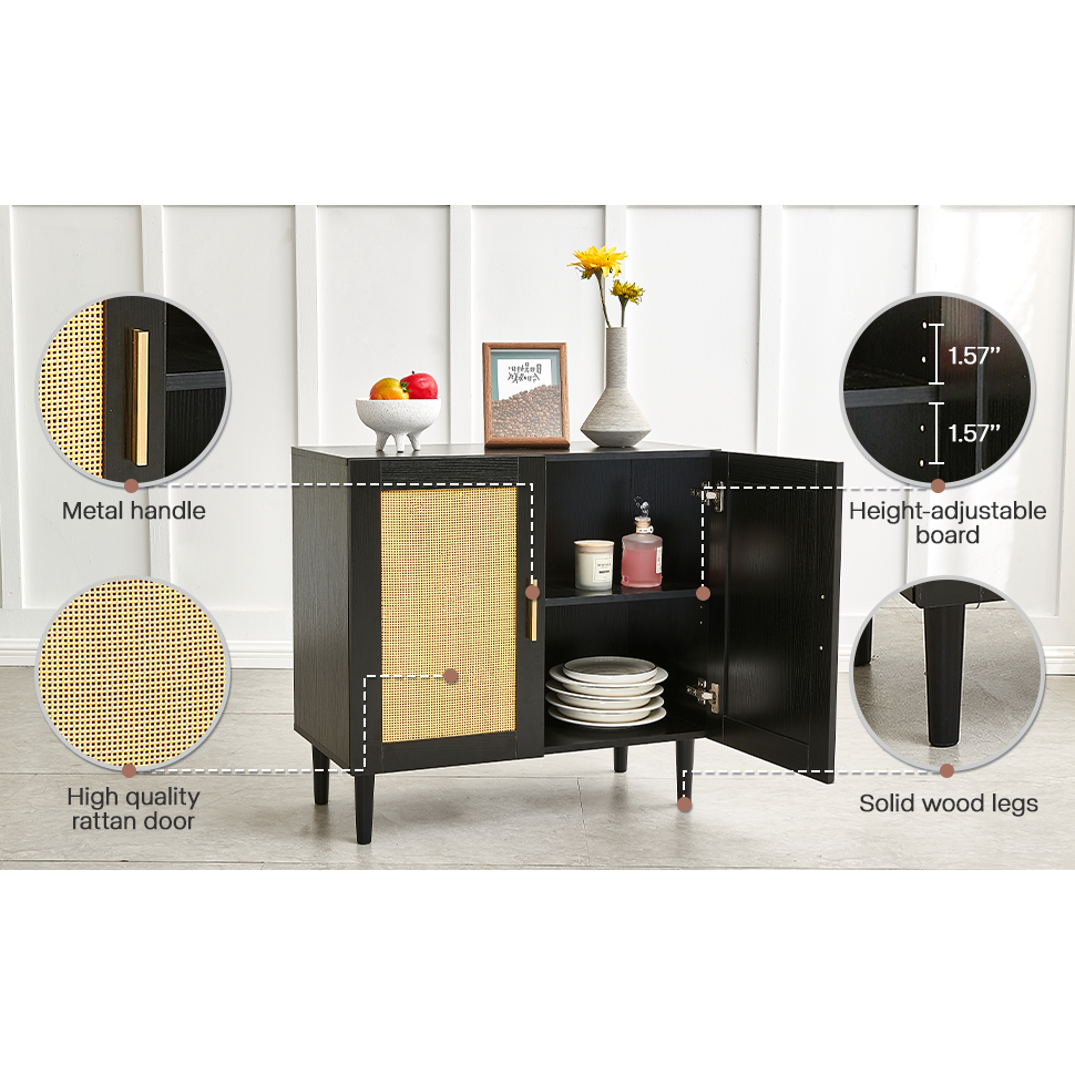 Side panel buffet cabinet with natural rattan door, rattan storage cabinet with adjustable shelves, side panel and buffet with storage space, modern console cabinet in bedroom and living room - Streamdale Furniture