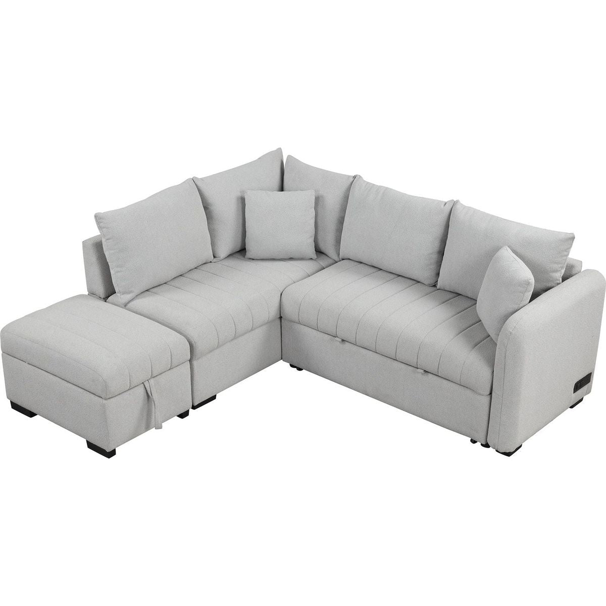 82.6" L-shaped Sectional Pull Out Sofa Bed Sleeper Sofa with Two USB Ports, Two Power Sockets and a Movable Storage Ottoman, Gray