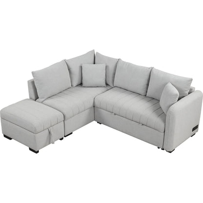 82.6" L-shaped Sectional Pull Out Sofa Bed Sleeper Sofa with Two USB Ports, Two Power Sockets and a Movable Storage Ottoman, Gray