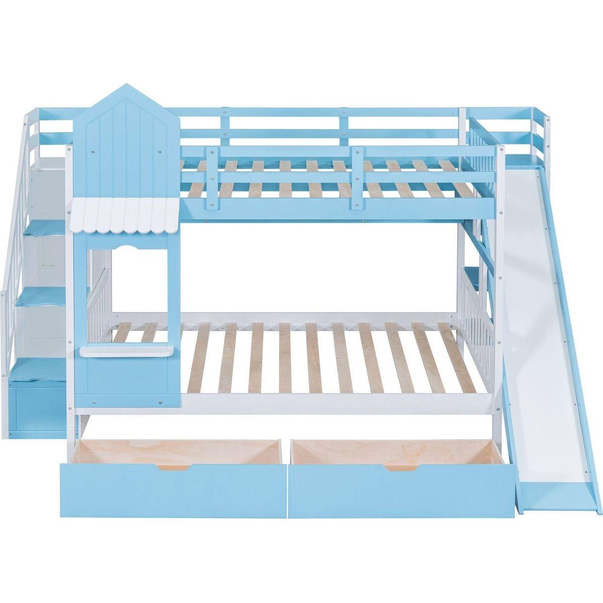 Full-Over-Full Castle Style Bunk Bed with 2 Drawers 3 Shelves and Slide - Blue