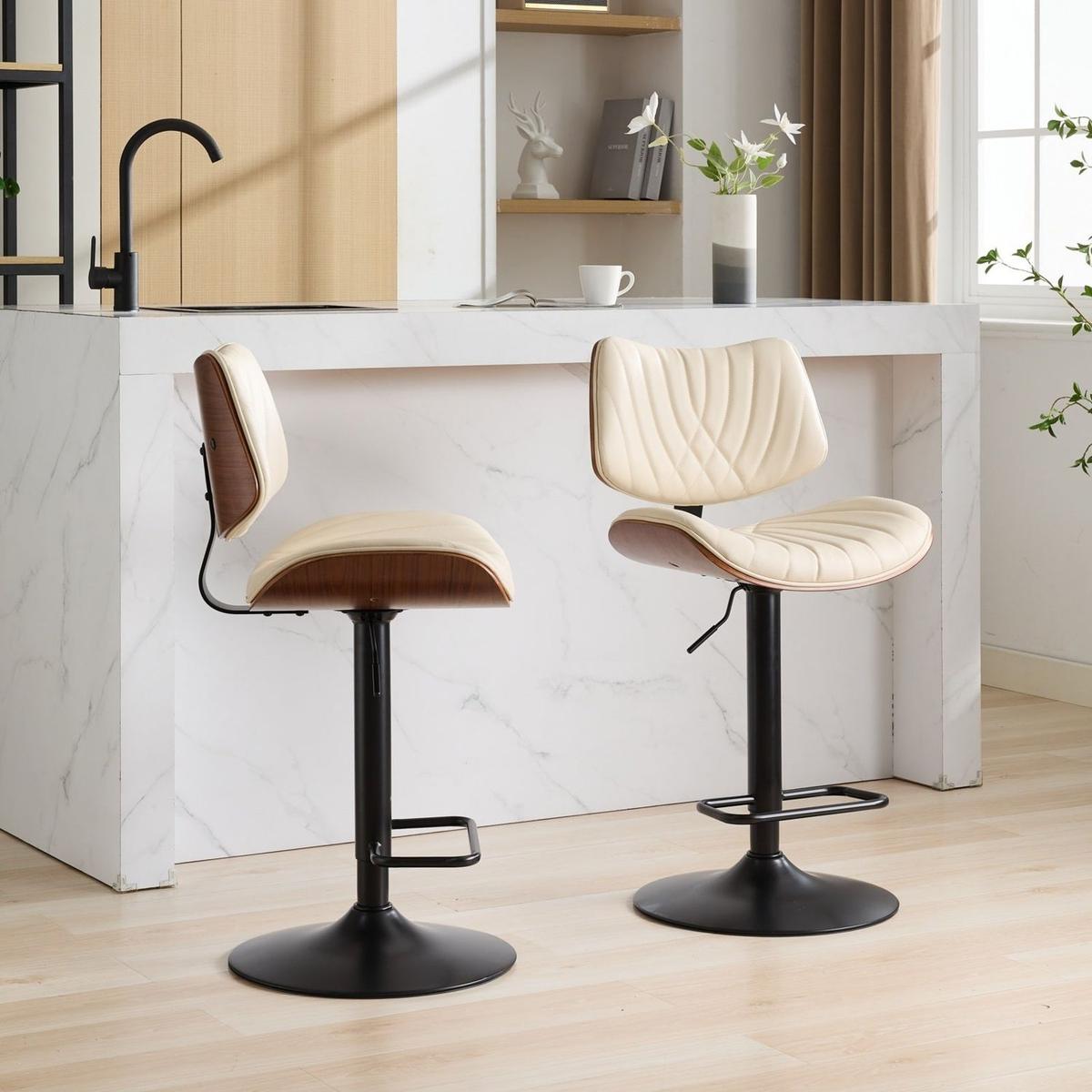 Walnut Bentwood Bar Stools Mid Century Modern Adjustable Counter Height Black Leather Upholstered 360Swivel Bar Chairs for Kitchen Island/Dining Room/Cafe, 1 chair/1carton,Beige
