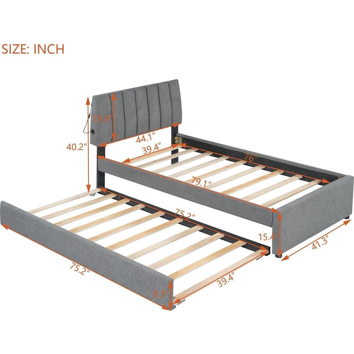 Teddy Fleece Twin Size Upholstered Platform Bed with Trundle, Gray