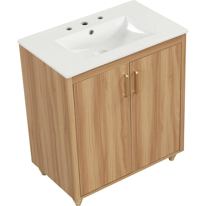 30" Bathroom Vanity with Sink Combo, Multi-functional Bathroom Cabinet with Doors and Drawer, MDF Board, Natural