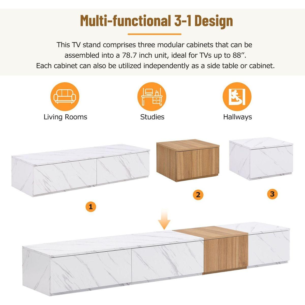 TV Stand with Faux Marble and Walnut Wood Grain Finish for TVs up to 88", Modern Free-Combination Entertainment Center with 4 Storage Drawers for Living Room, White