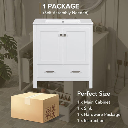 30" White Bathroom Vanity with Single Sink, Combo Cabinet Undermount Sink, Bathroom Storage Cabinet with 2 Doors and a Drawer, Soft Closing, Multifunctional Storage, Solid Wood Frame