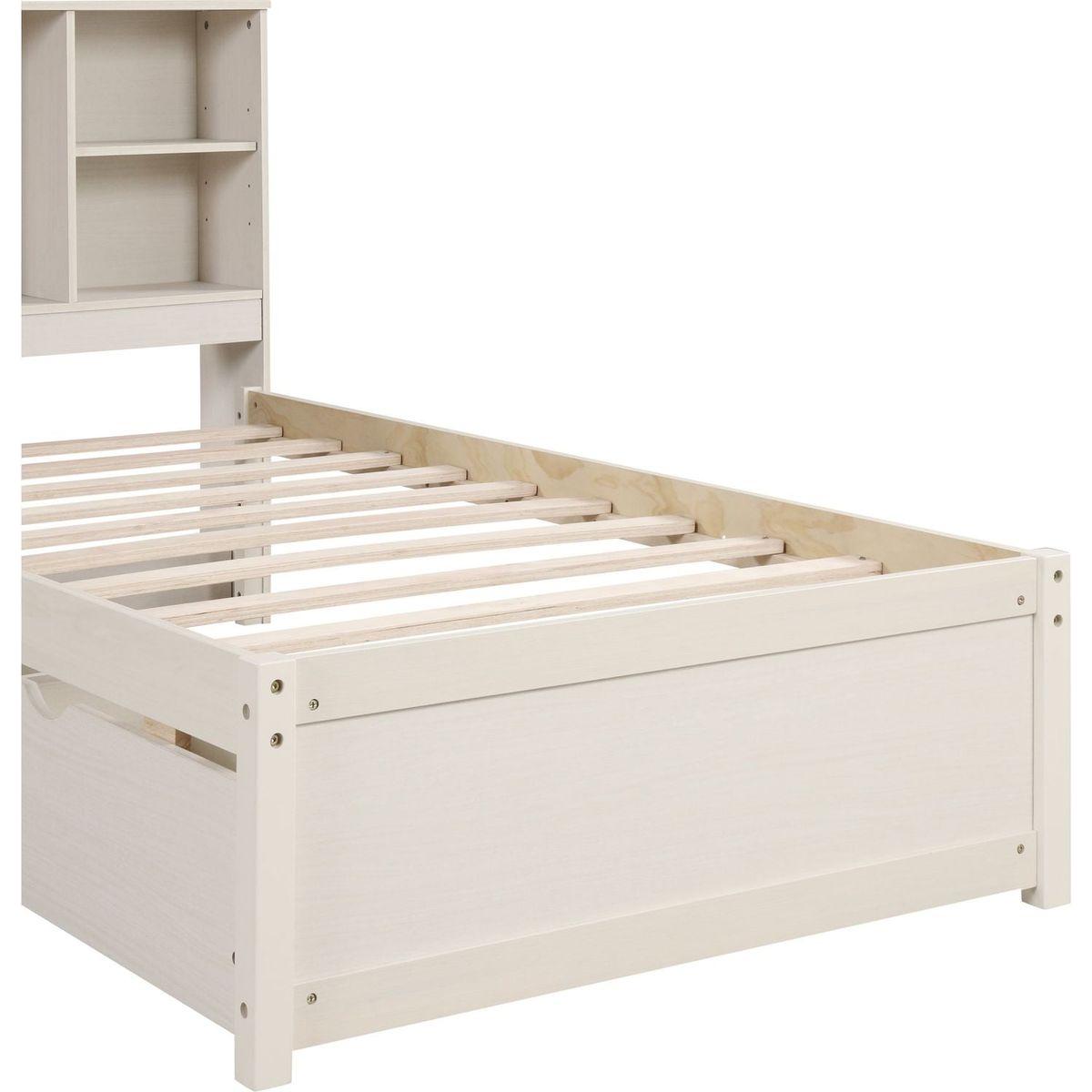 Modern Twin Size Bed Frame With Built-in USB Port on Bookcase Headboard and 2 Drawers for White Washed Color