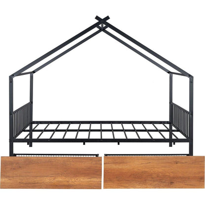Full Size Metal House Bed with Two Drawers, Black