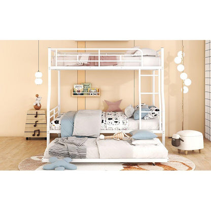 Full XL Over Queen Metal Bunk Bed with Trundle, White