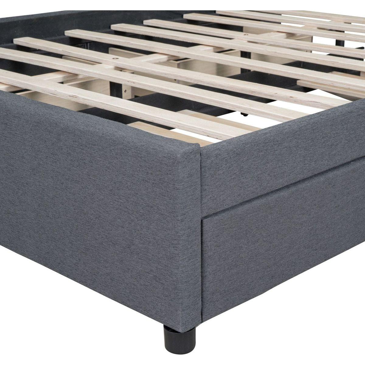 Queen Size Upholstered Platform Bed with 2 Drawers and 1 Twin XL Trundle, Classic Headboard Design, Gray
