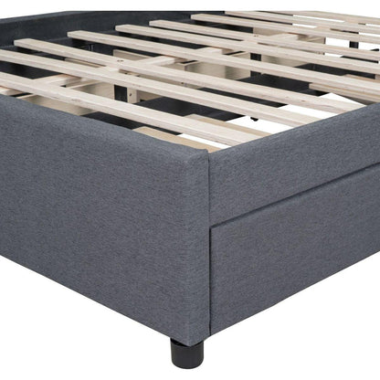 Queen Size Upholstered Platform Bed with 2 Drawers and 1 Twin XL Trundle, Classic Headboard Design, Gray