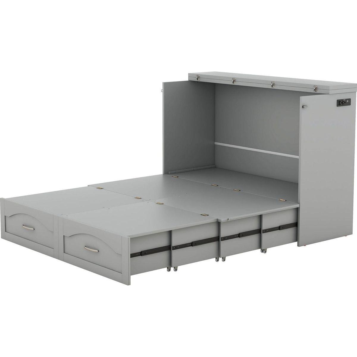 Full Size Murphy Bed Wall Bed with drawer and a set of Sockets & USB Ports, Pulley Structure Design, Gray