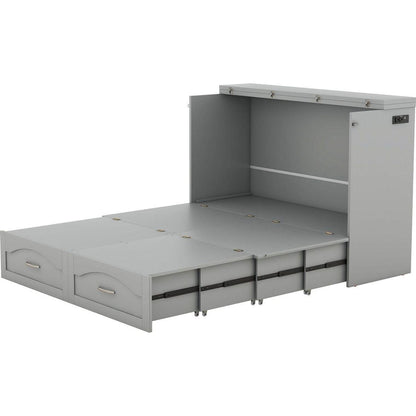 Full Size Murphy Bed Wall Bed with drawer and a set of Sockets & USB Ports, Pulley Structure Design, Gray
