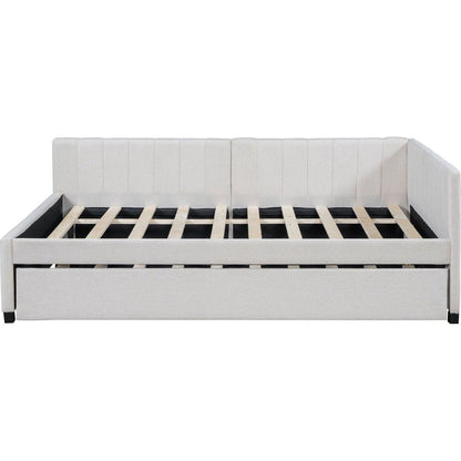Full Size Upholstered Daybed with Trundle Sofa Bed Frame No Box Spring Needed, Linen Fabric(Beige)