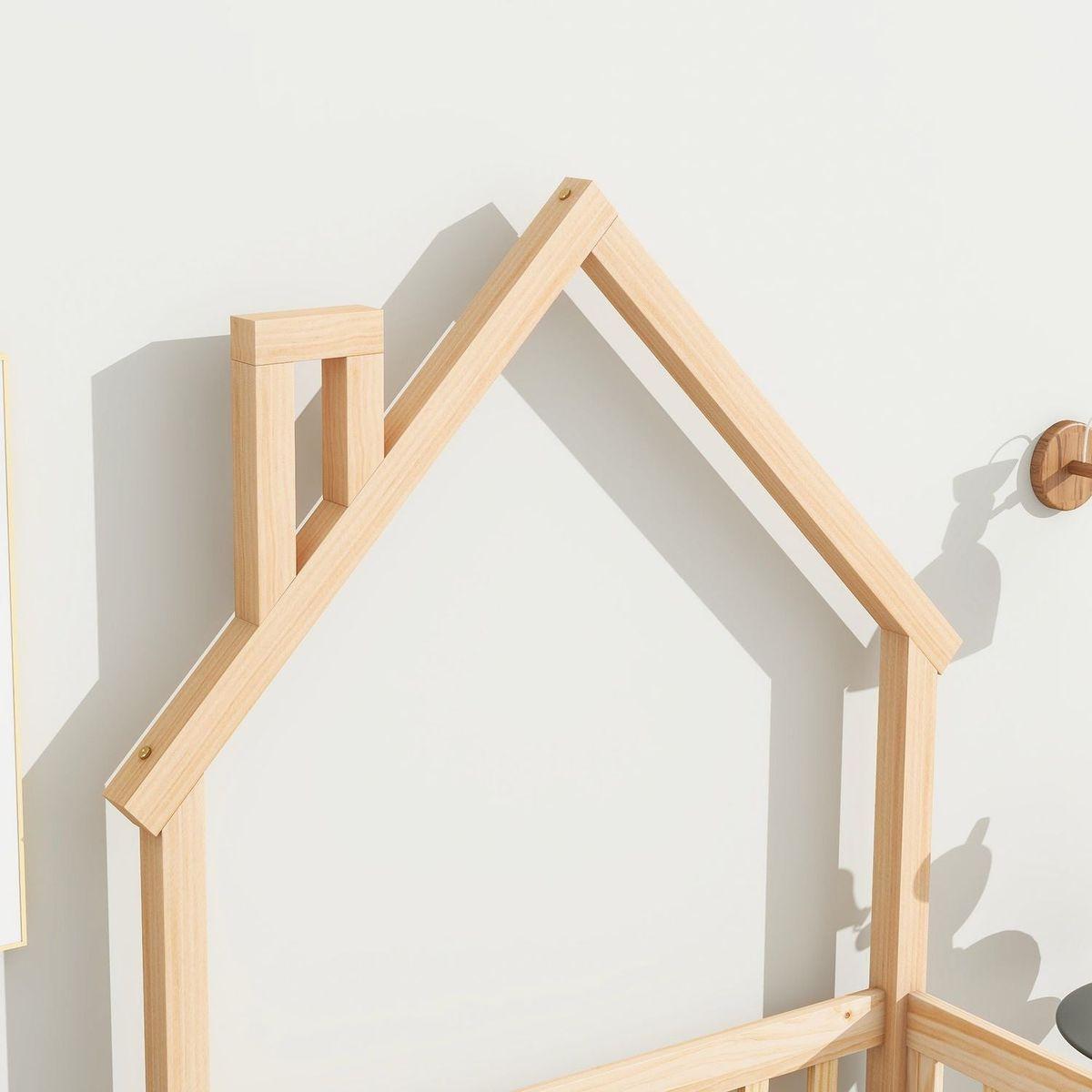 Twin House-Shaped Headboard Floor Bed with Fence ,Natural