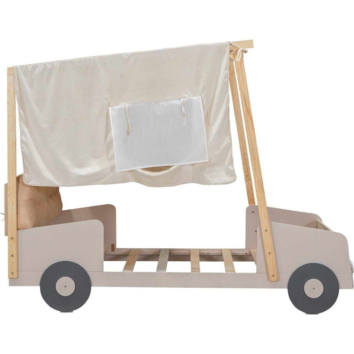 Wood Twin Size Car Bed with Pillow, Ceiling Cloth and LED, Natural