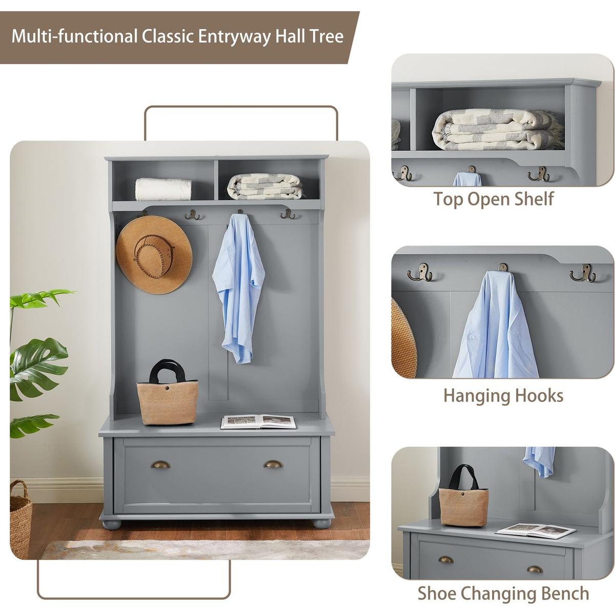 Classic Cosatal Style Hall Tree Entryway Bench with Open Shelves and Shoe Cabinets, SOLID WOOD Feet, Gray, 40"Wx18.5"Dx64.5"H