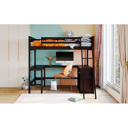 Full size Loft Bed with Shelves and Desk, Wooden Loft Bed with Desk - Espresso