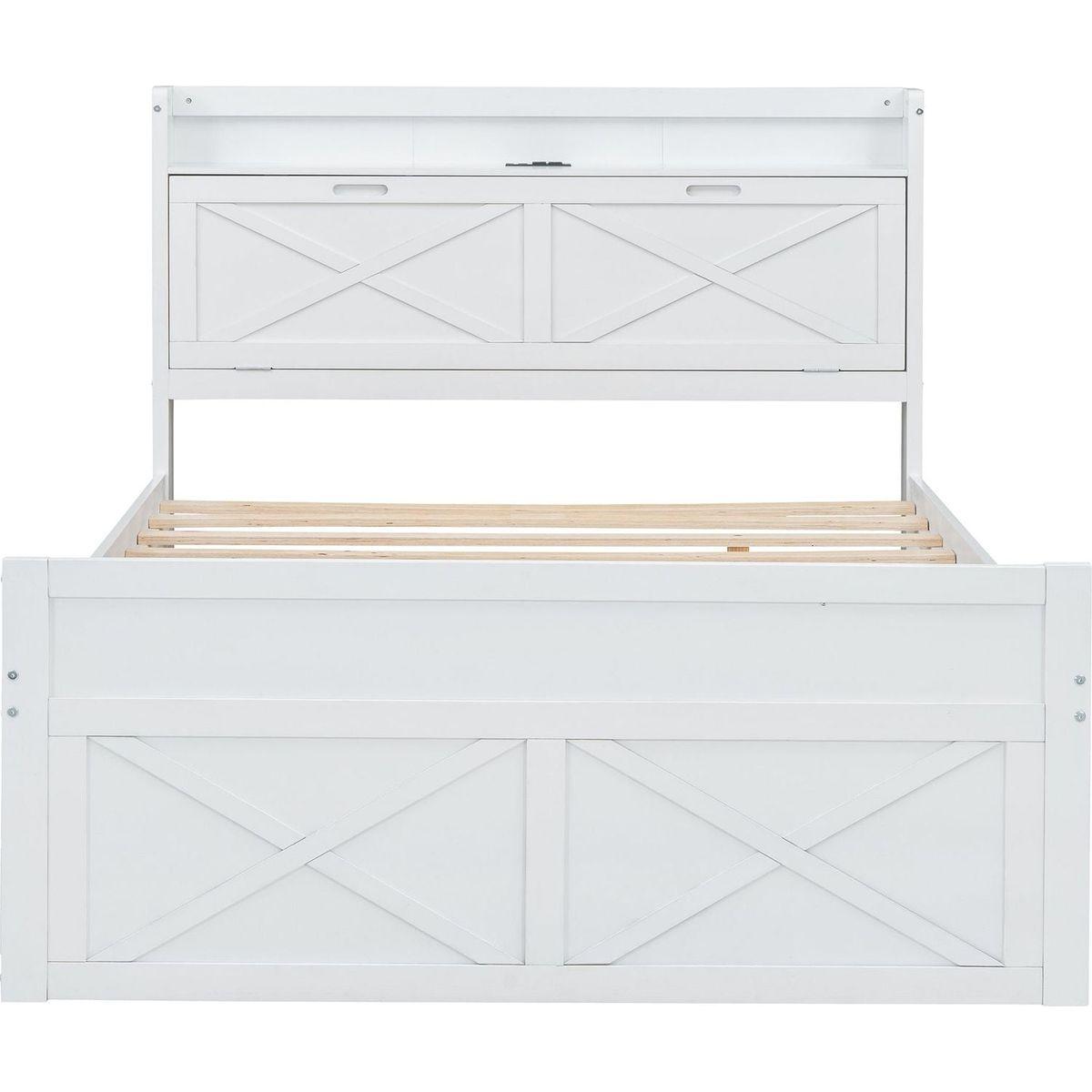 Full Size Wooden Bed with Storage Headboard with Outlets, Extendable Bed with Twin Size Trundle with Three Storage Drawers,White