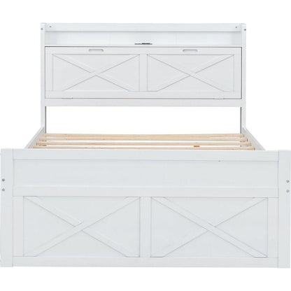 Full Size Wooden Bed with Storage Headboard with Outlets, Extendable Bed with Twin Size Trundle with Three Storage Drawers,White