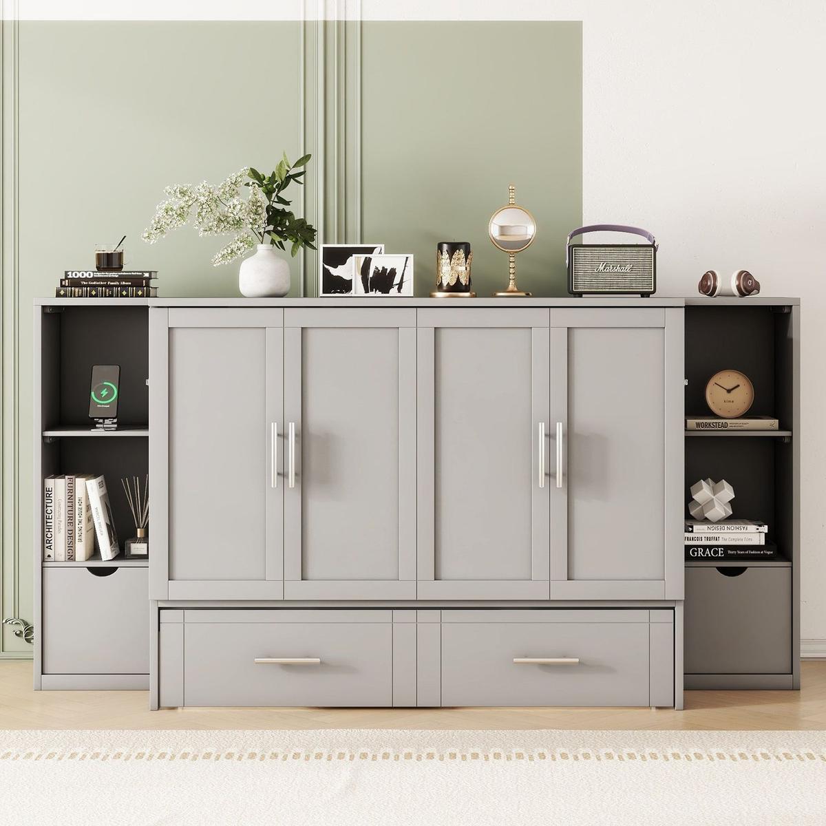 Full Size Murphy Bed with Shelves, Drawers and USB Ports,Gray