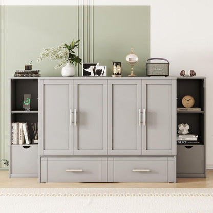 Full Size Murphy Bed with Shelves, Drawers and USB Ports,Gray