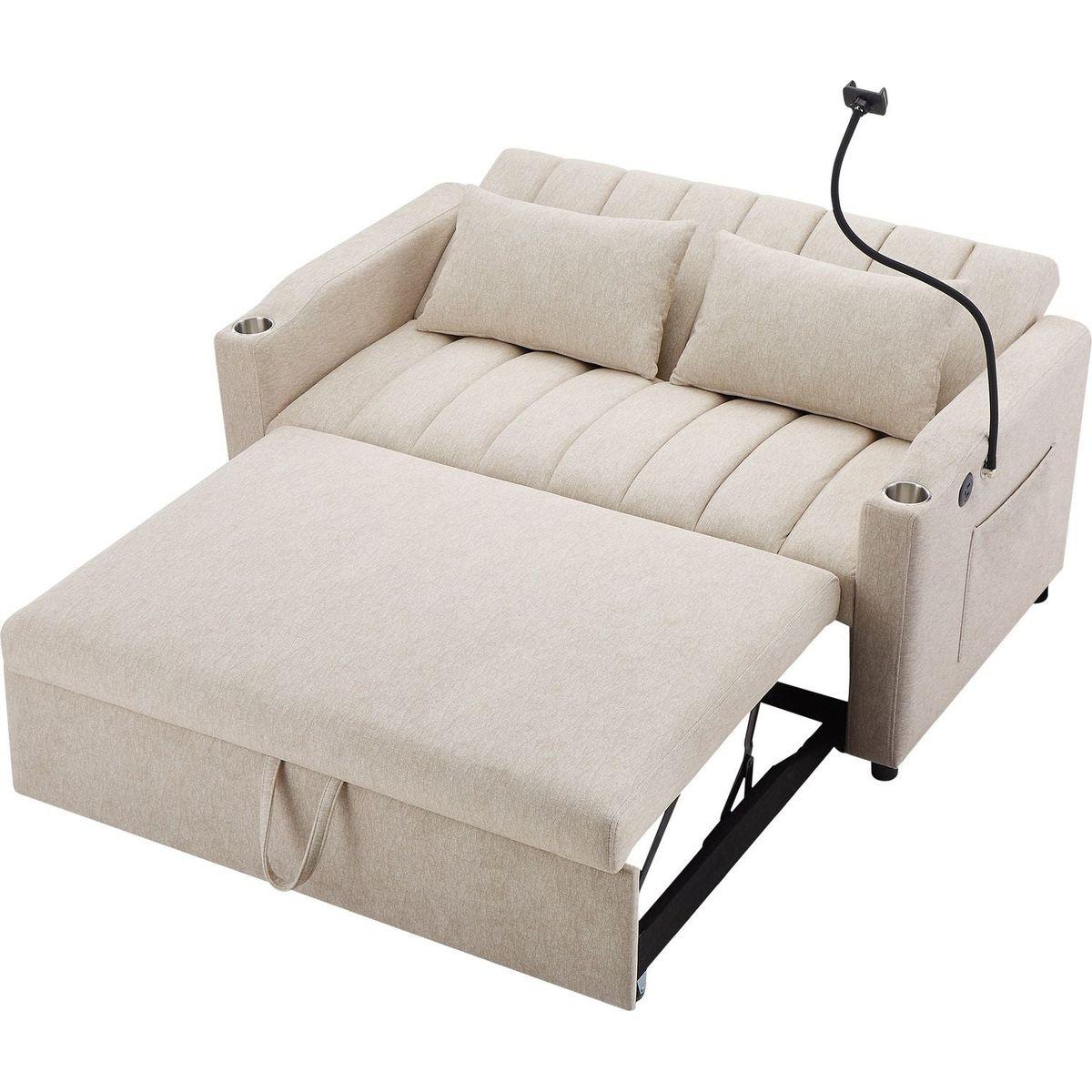 55.9" Convertible Sofa Bed Loveseat Sofa with Three USB Ports, Two Side Pockets, Two Cup Holders and 360Swivel Phone Holder for Living Room, Beige